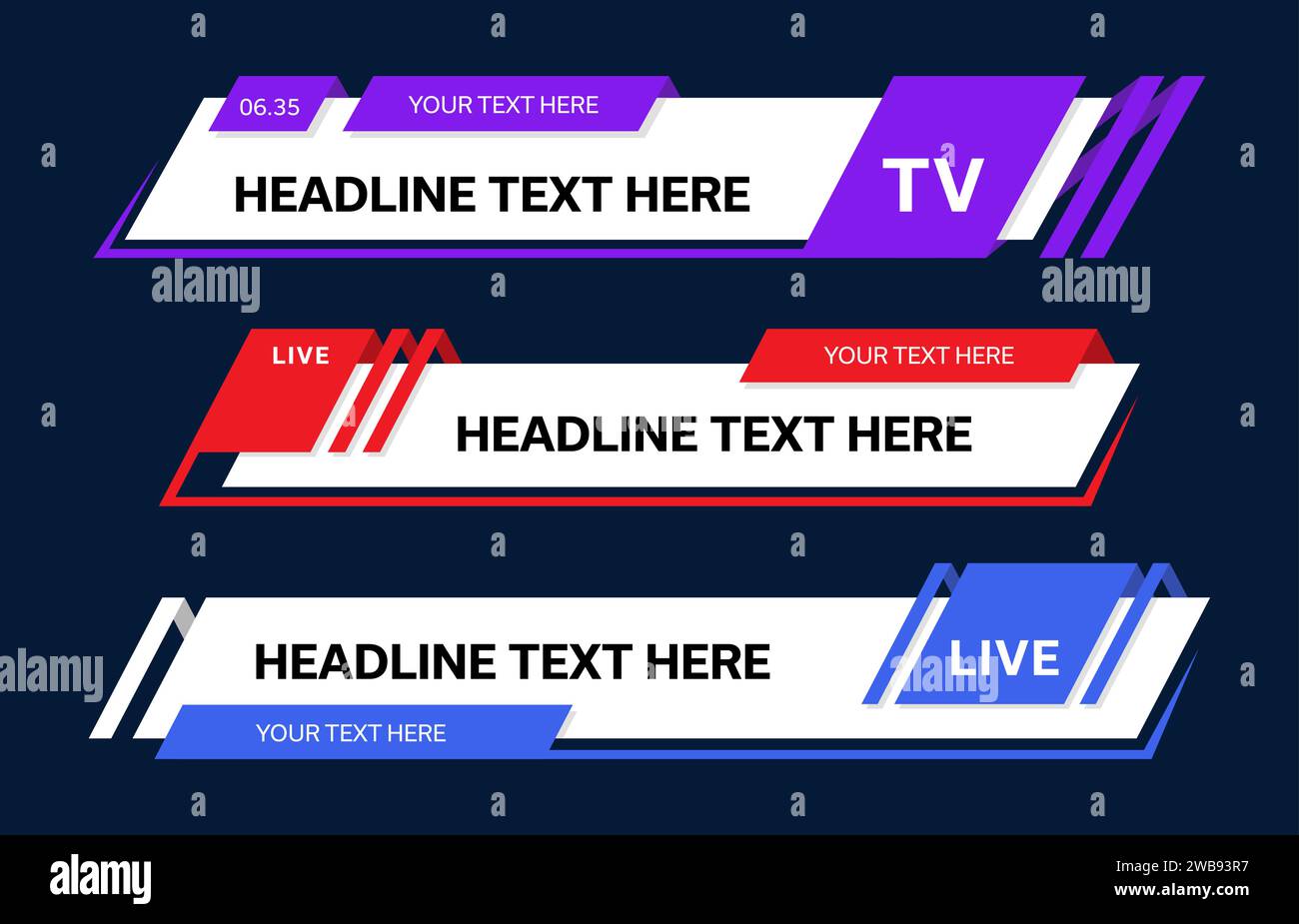 Barres d'actualités mondiales en couleur et en-têtes TV du tiers inférieur ou bannières de titre de titre pour l'écran, modèles vectoriels. Barde d'informations pour la diffusion en direct, le texte de la chaîne vidéo et les cadres de nom ou les en-têtes de troisième télévision inférieurs Illustration de Vecteur