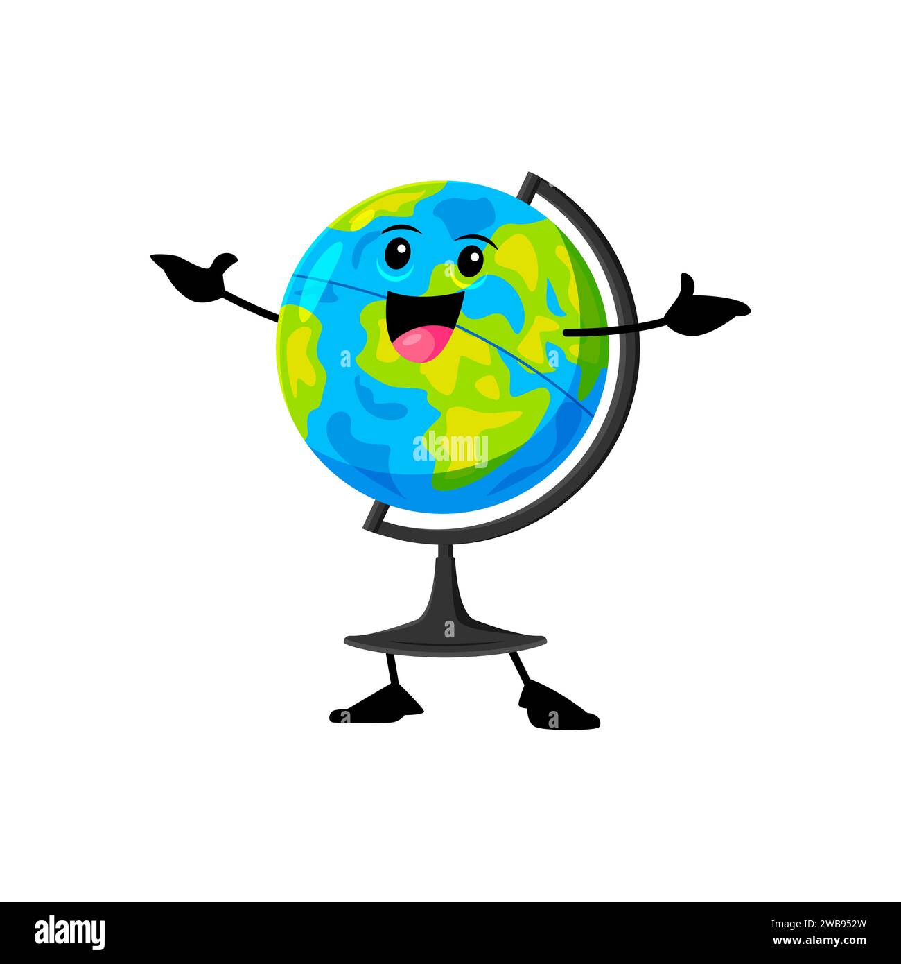 Personnage de globe d'école drôle joyeux de dessin animé. Personnage de papeterie jovial vecteur isolé, arbore un large sourire, debout avec les bras tendus, rayonnant la gaieté dans ses aventures éducatives Illustration de Vecteur