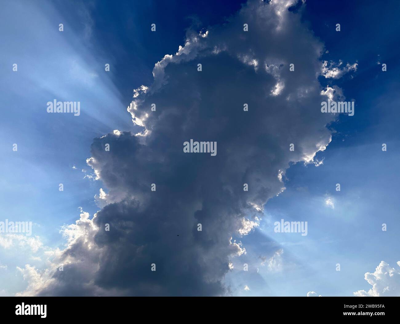 Une personne se tient au sommet d'un nuage blanc moelleux dans un ciel bleu clair, profitant de la vue à couper le souffle Banque D'Images