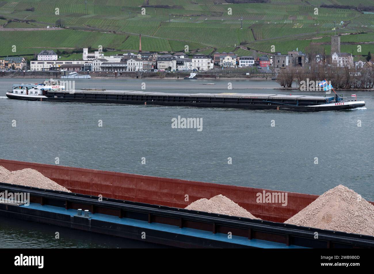 Binnenschiffahrt 26.02.2023 Bingen Binnenschiff fährt auf dem Rhein BEI Bingen. Kamp-Bornhofen Kamp-Bornhofen Rheinland-Pfalz Allemagne *** navigation intérieure 26 02 2023 Bingen Barge naviguant sur le Rhin près de Bingen Kamp Bornhofen Kamp Bornhofen Rhénanie-Palatinat Allemagne Banque D'Images