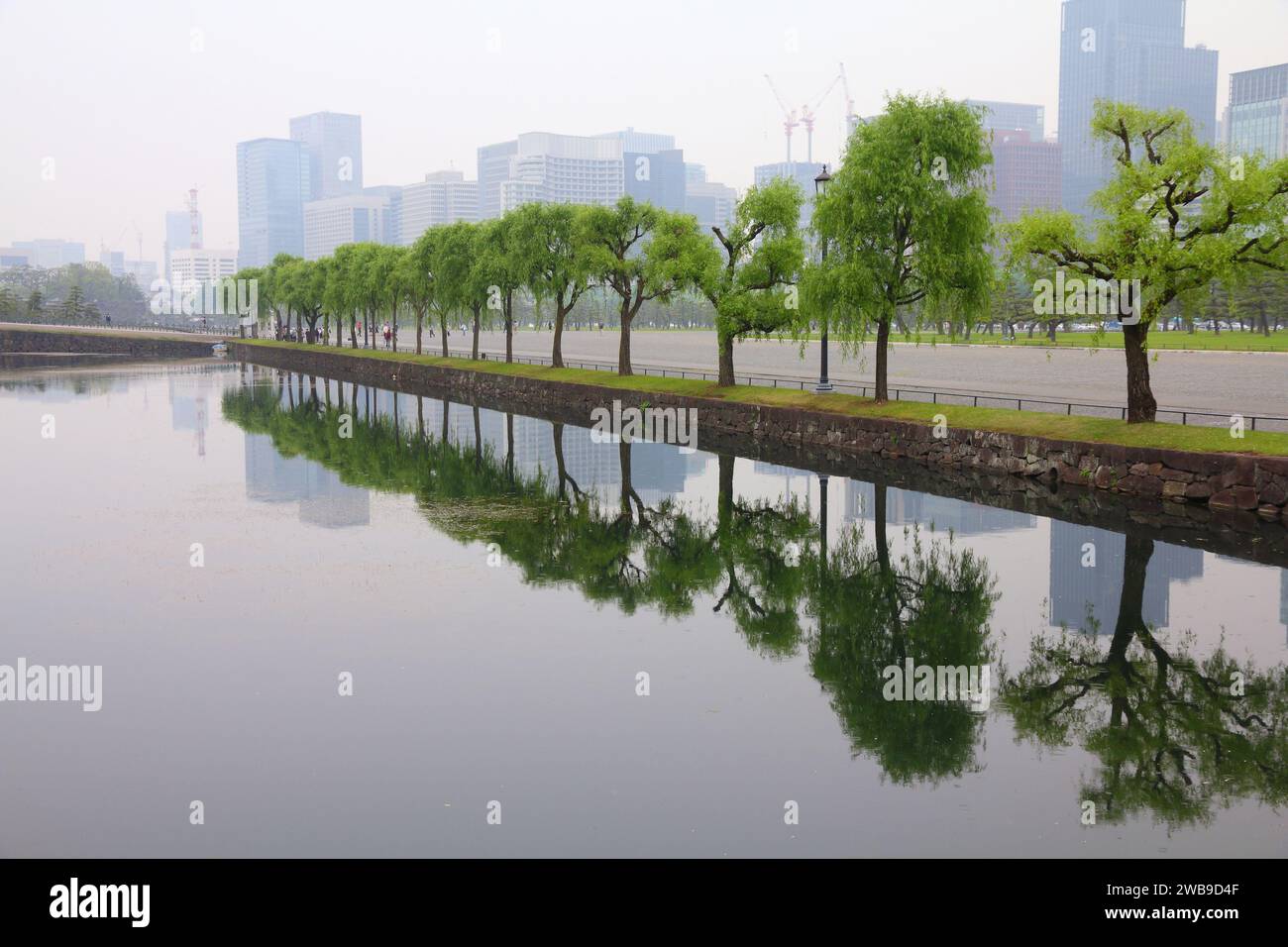 Tokyo City, Japon. Jardins du palais impérial et pollution urbaine smog. Air brumeux, faible visibilité. Banque D'Images