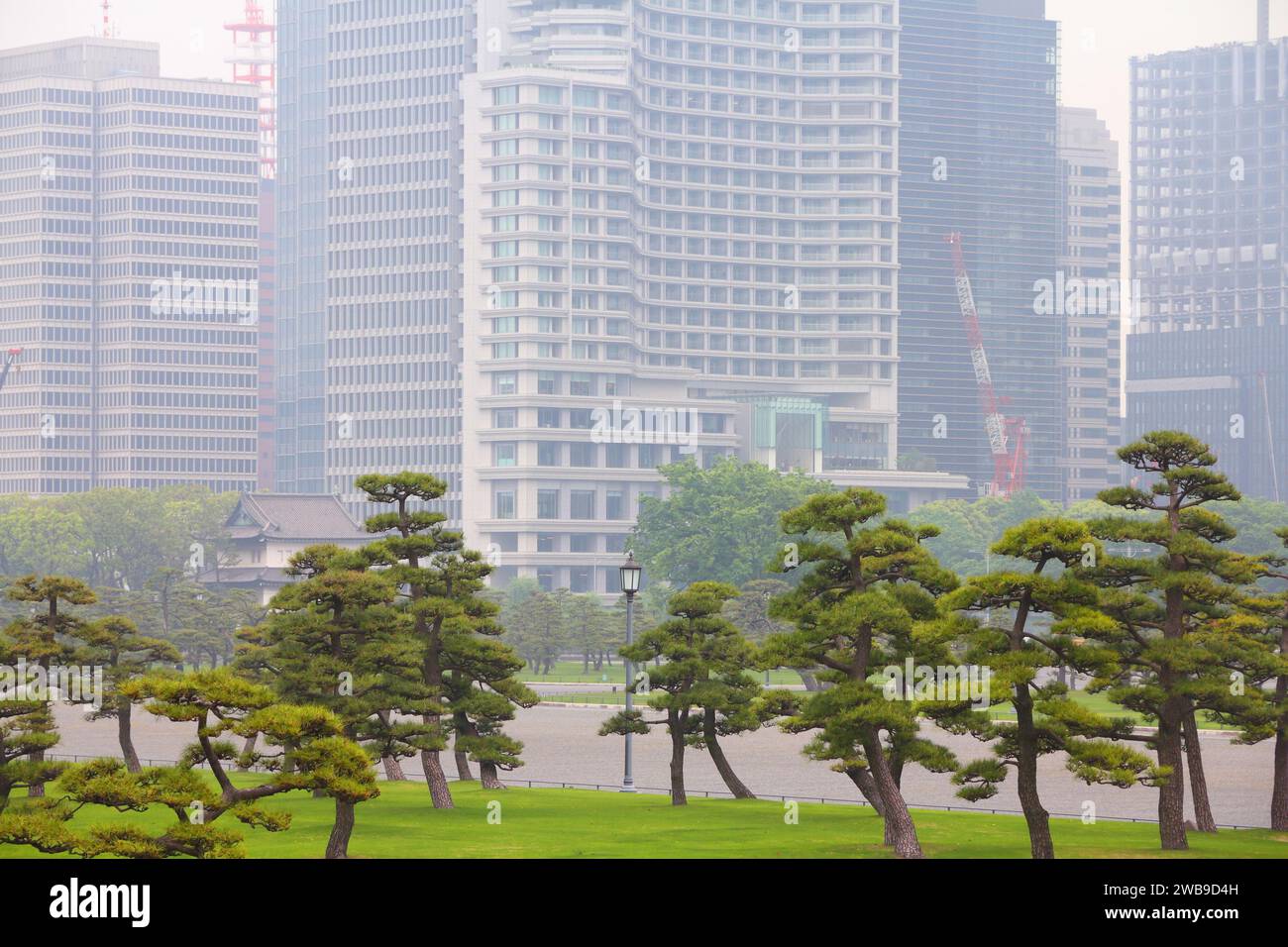 Tokyo City, Japon. Jardins du palais impérial et pollution urbaine smog. Air brumeux, faible visibilité. Banque D'Images