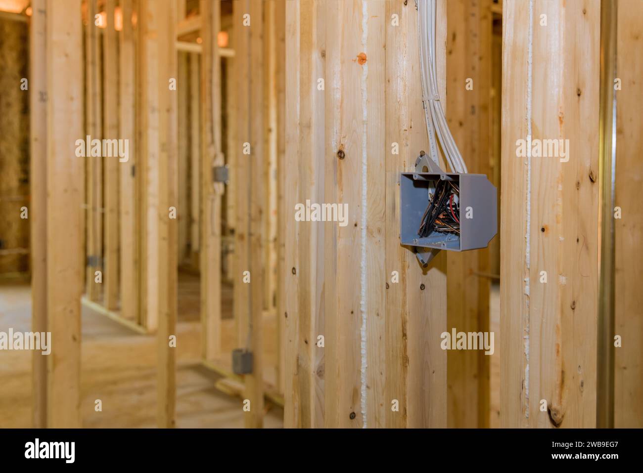Un boîtier de commutation électrique monté en plastique fils sur des poutres de cadre en bois sur le mur Banque D'Images