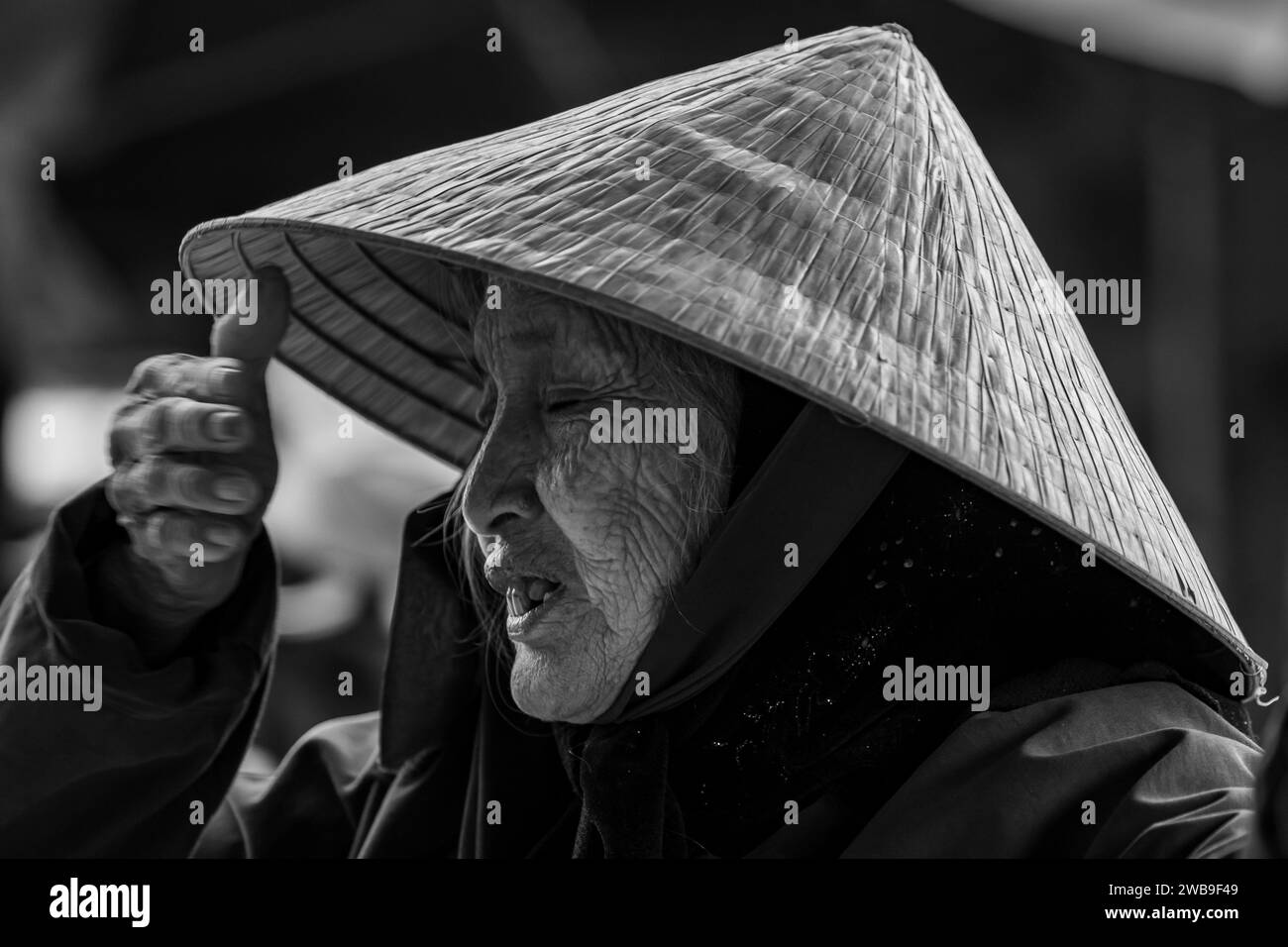 Vieille femme du Vietnam avec chapeau de paille Banque D'Images