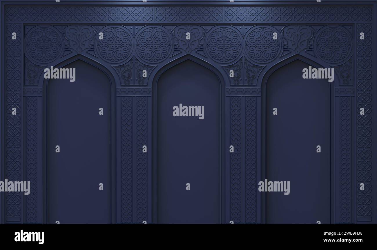 3d illustration. Arche orientale de la mosaïque la nuit . Architecture sculptée et colonnes classiques. Style indien. Cadre architectural décoratif . Banque D'Images