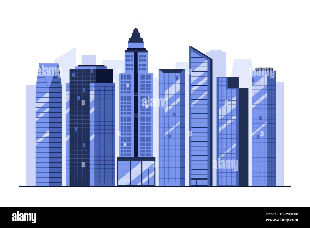 Skyline de la ville avec des immeubles de bureaux bleus et des gratte-ciel. Paysage urbain avec de grandes tours d'entreprise commerciales du centre-ville et de nouvelles maisons de condo modernes, vue panoramique urbain illustration vectorielle de dessin animé Illustration de Vecteur