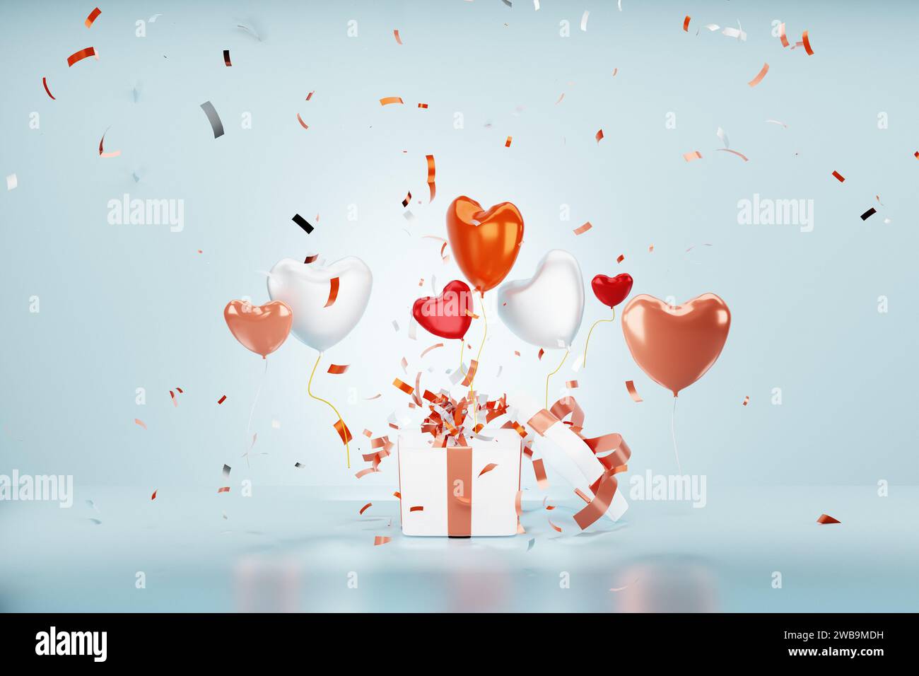 Ballons colorés en forme de coeur et confettis volant de boîte cadeau. Concept de célébration d'anniversaire. Rendu 3D. Banque D'Images