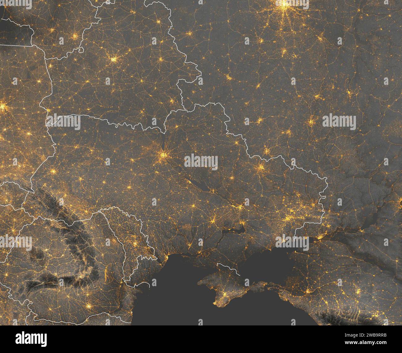 Vue satellite de nuit de l'Ukraine, de la mer Noire et des frontières. Lumières de ville et de rue. Les éléments de cette image sont fournis par la NASA Banque D'Images