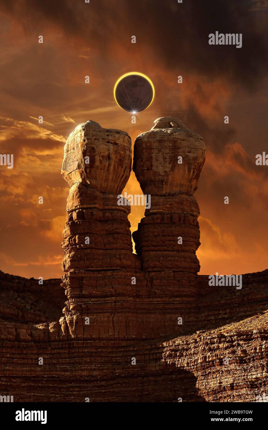 Éclipse annulaire au-dessus de Twin Rocks, Bluff, Utah, États-Unis Banque D'Images