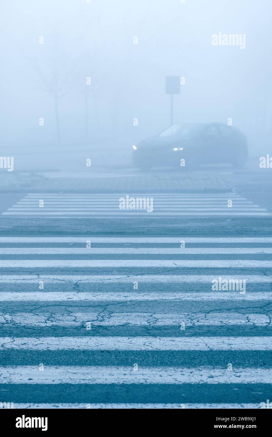 Passage piéton zèbre sur la route dans le matin brumeux d'hiver, focalisation sélective Banque D'Images