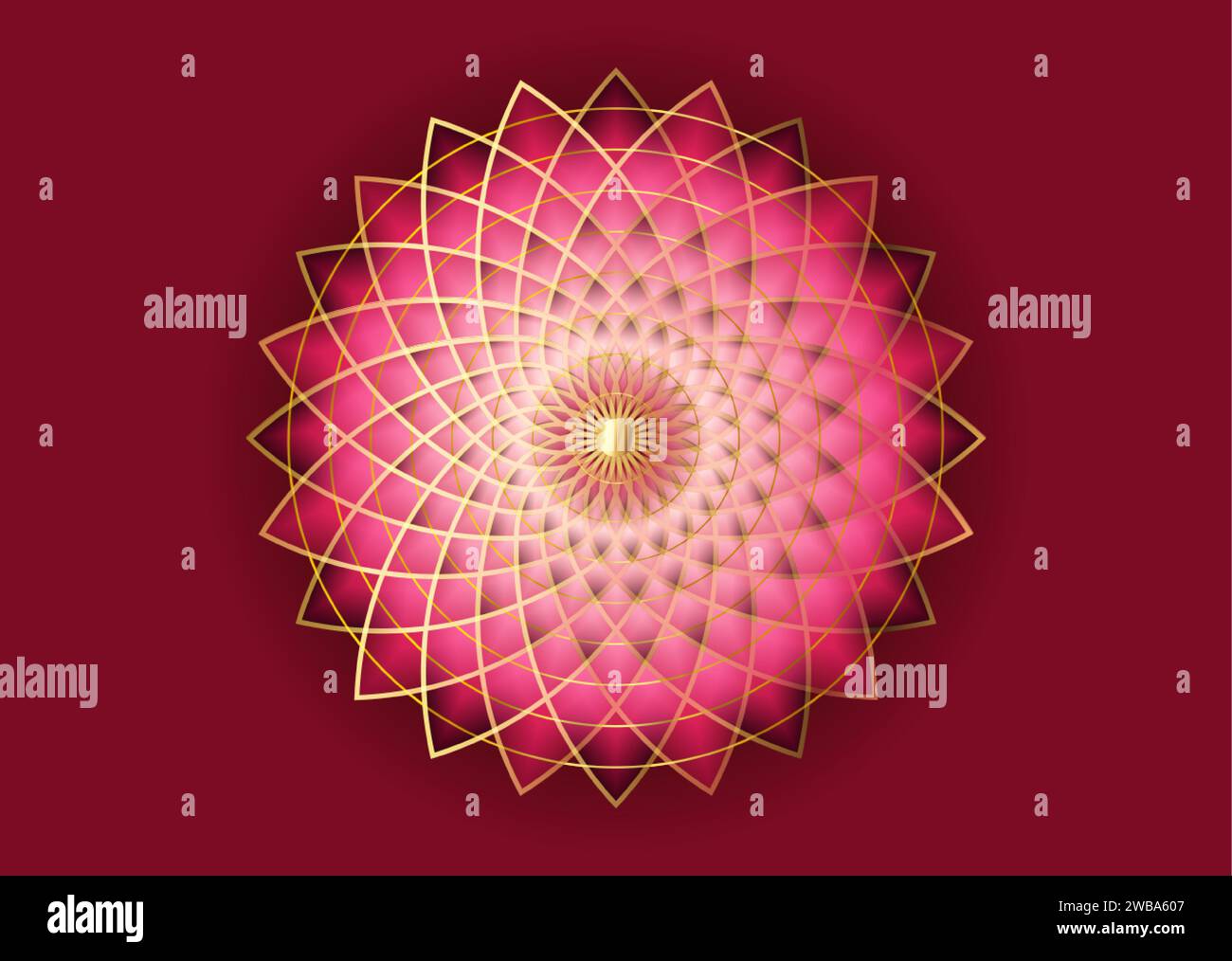 Fleur de Mandala, géométrie sacrée Lotus rouge, ornement circulaire indien, logo d'art floral en ligne dorée. Fleurs en fleurs symboles de yoga, spa, salon de beauté, Illustration de Vecteur