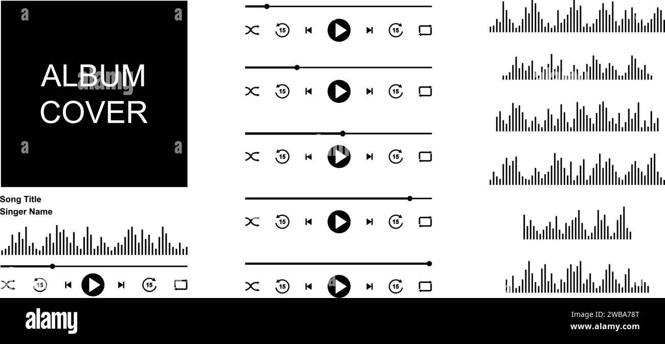 Interface de lecteur mp3 de musique avec cadre de couverture d'album, boutons, barre de progression et égaliseur. Créateur de modèle de piste de chanson simple avec des éléments. Conception de lecture audio sur l'application mobile. Illustration vectorielle à plat Illustration de Vecteur
