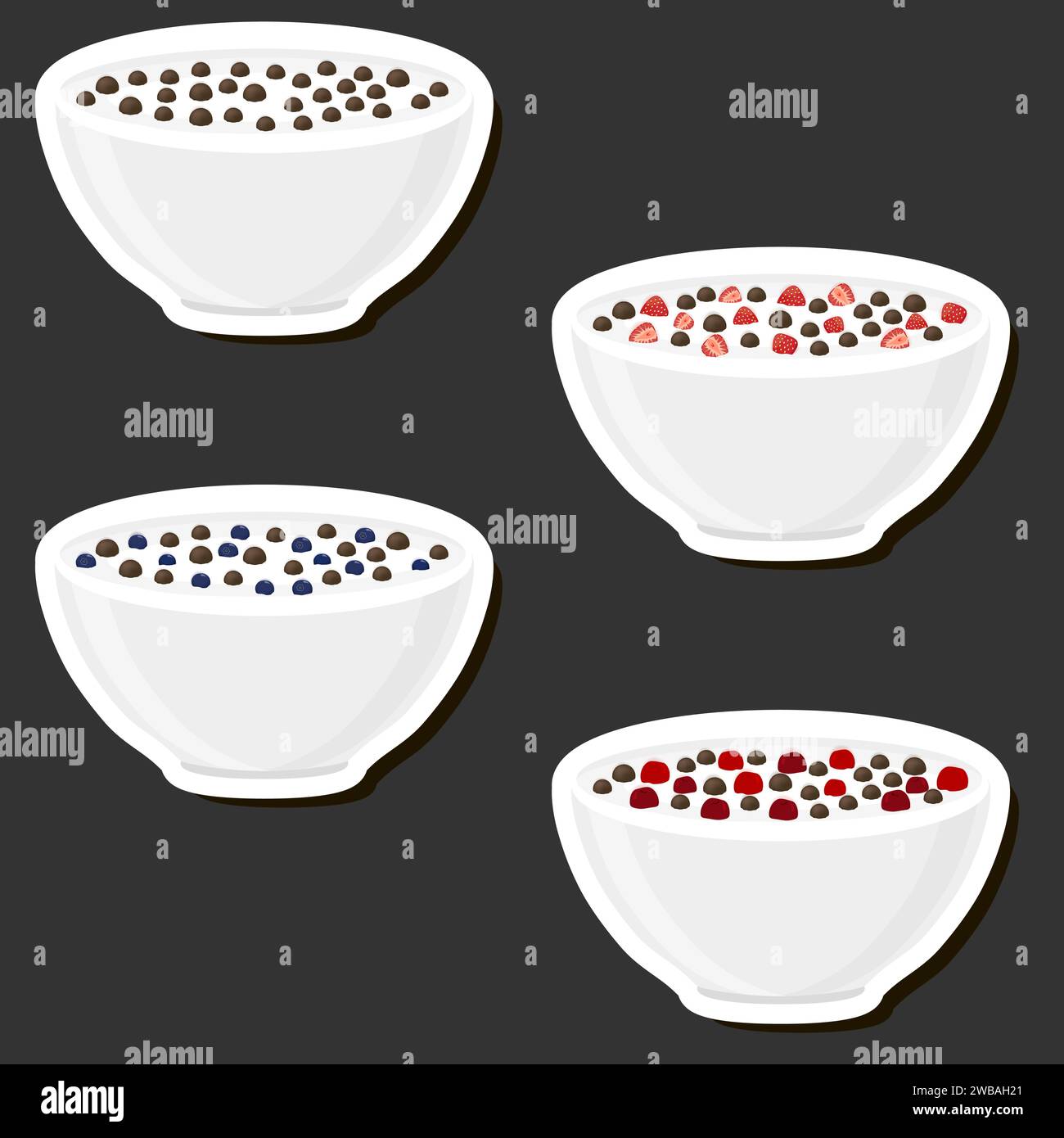 Illustration sur le thème grand ensemble différents types dessert céréales au lait sucré dans un bol, céréales composées de bols remplis de divers ingrédients Illustration de Vecteur