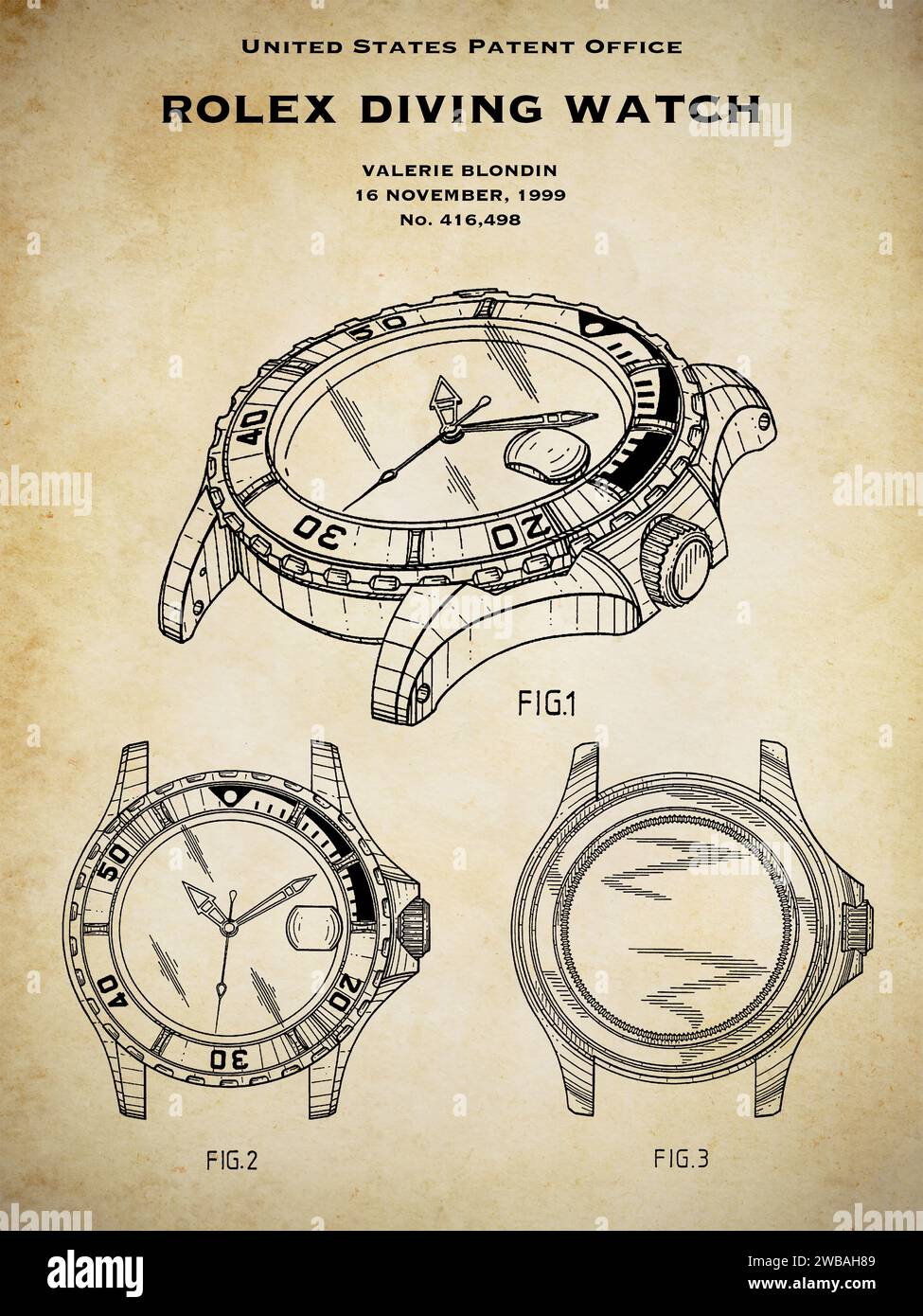 Bureau de brevets AMÉRICAIN conception à partir de 1999 d'une montre de plongée Rolex sur un fond grungy vintage Banque D'Images
