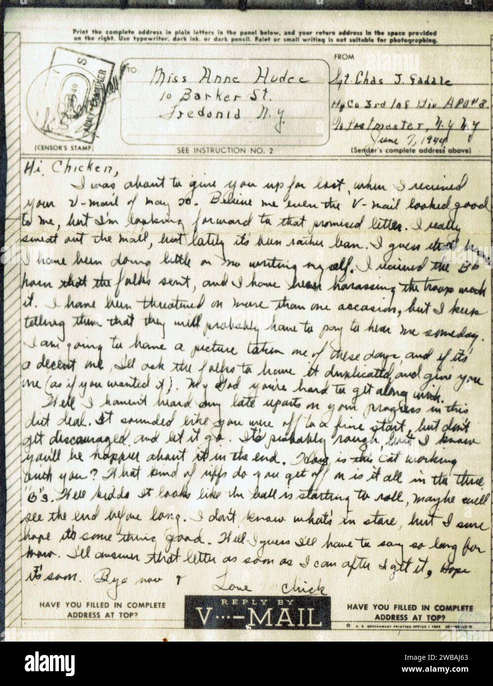 Lettre, V-mail, d'un soldat du HQ comp, 3rd Infantry division, à sa femme - 1944 Banque D'Images