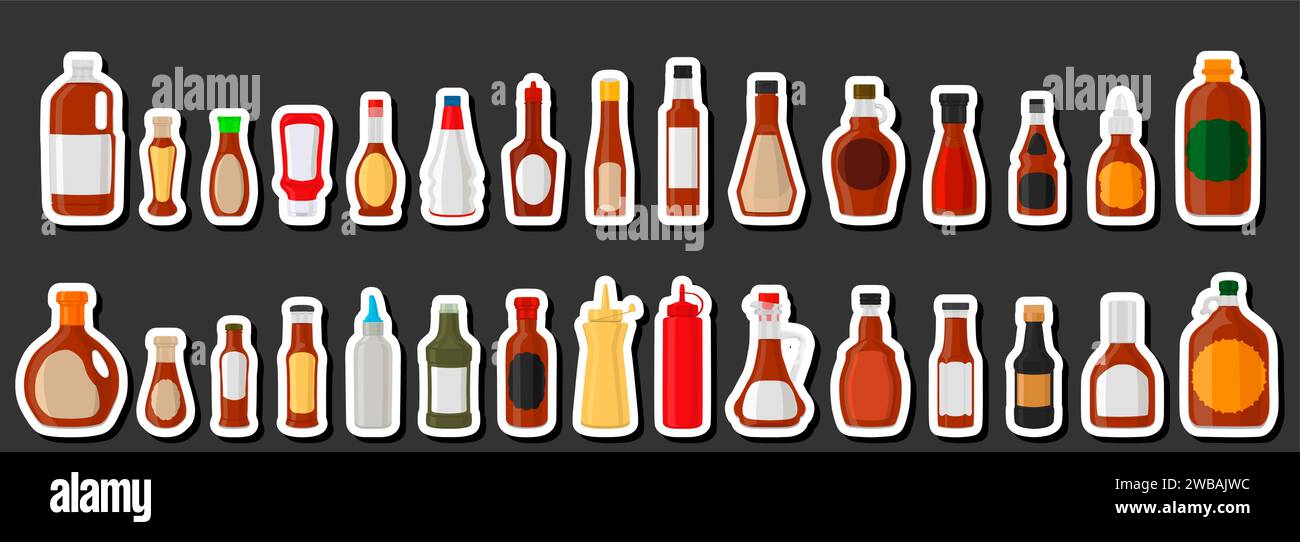 Illustration sur kit thématique bouteilles en verre variées remplies de sirop d'érable de sauce liquide, bouteilles constituées de sirop d'érable de sauce, étiquettes vides pour les titres, sa Illustration de Vecteur