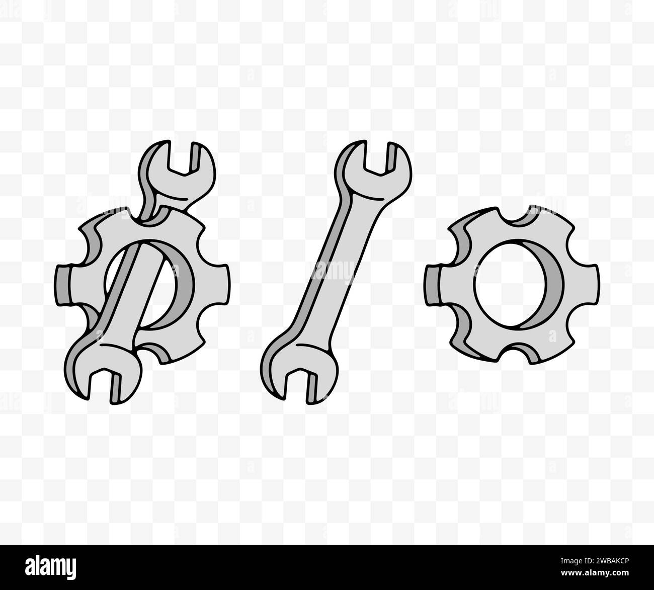 Engrenage, roue dentée, roue dentée, clé et clé, conception graphique colorée. Atelier de réparation, atelier, atelier de réparation automobile et service de voiture, conception vectorielle Illustration de Vecteur