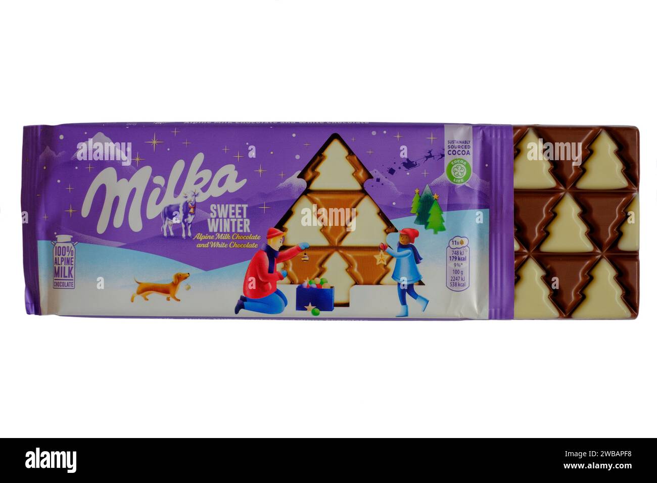 barre de milka édition spéciale chocolat au lait doux d'hiver découpé sur fond blanc Banque D'Images