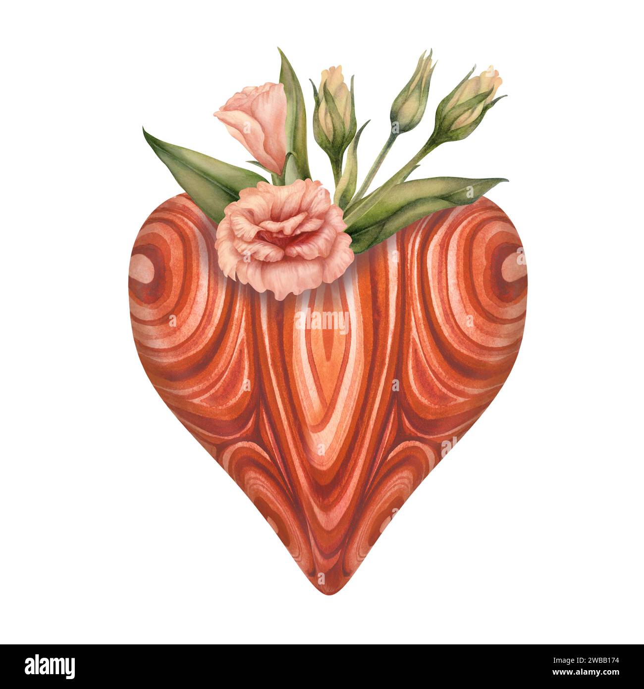 Coeur aquarelle avec texture de pierre avec des fleurs d'eustoma dans une palette de fuzz de pêche à la mode pour la Saint-Valentin, horoscope, alchimie, magie, Halloween Banque D'Images