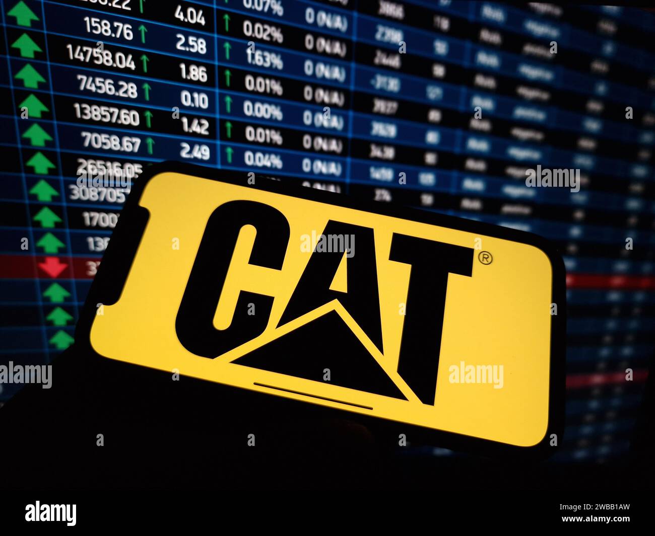 KONSKIE, Pologne - 07 janvier 2024 : affichage du logo de la société Caterpillar sur l'écran du téléphone portable Banque D'Images