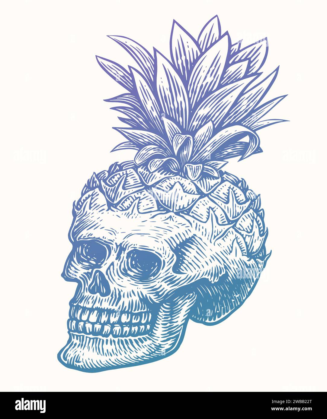 Ananas crâne humain dessiné à la main avec des feuilles. Illustration vectorielle d'esquisse vintage Illustration de Vecteur