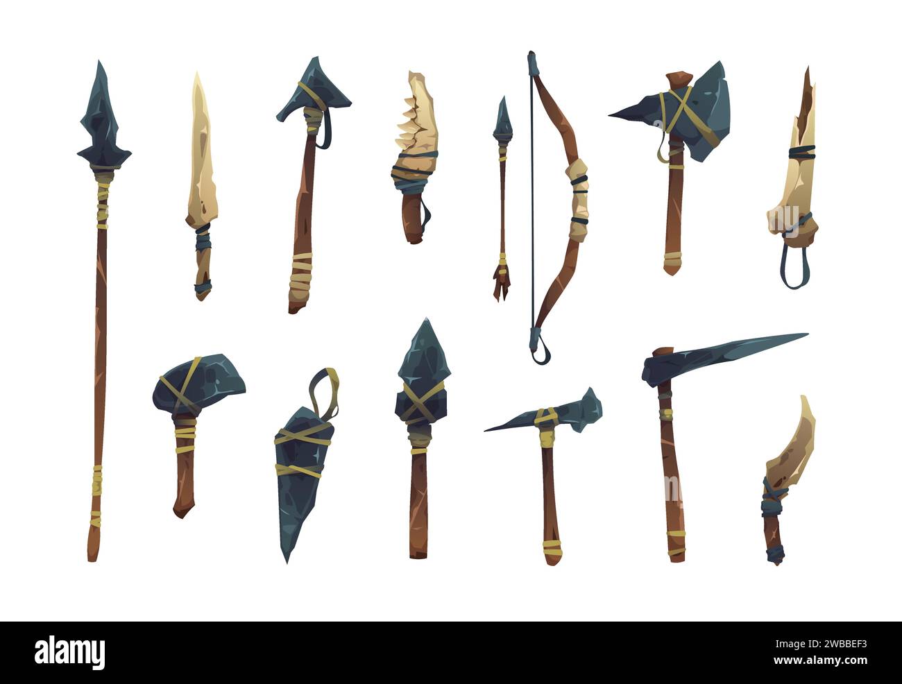 Arme préhistorique. Outils en bois primitifs de caricature, ensemble d