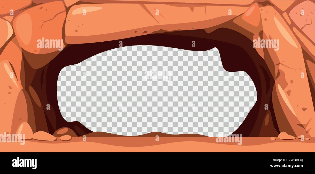 Cadre de grotte en pierre. Mine souterraine creuse avec stalactite rouge et stalagmite, paysage préhistorique fantastique avec vieux tunnel rocheux. Ensemble de dessins animés vectoriels. Illustration de Vecteur