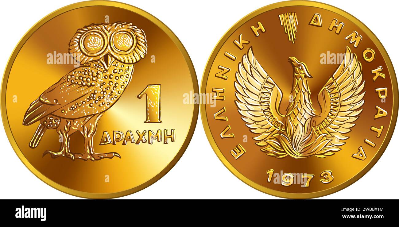 Vector monnaie grecque, revers de pièce d'or de 1 drachma avec hibou, avers - oiseau phoenix légendaire Illustration de Vecteur