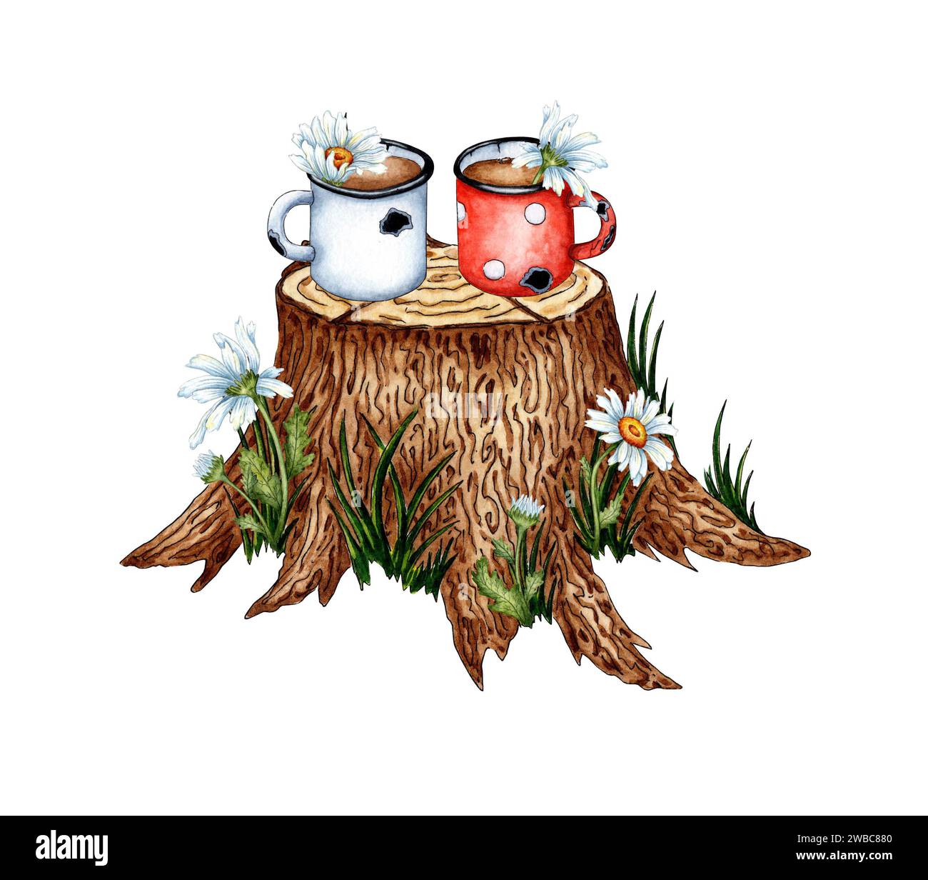 Illustration à l'aquarelle de tasses en émail avec du thé et de la camomille debout sur une souche d'arbre. Camping, arrêt sur une longue randonnée, déjeuner. Isolé sur un fond blanc Banque D'Images