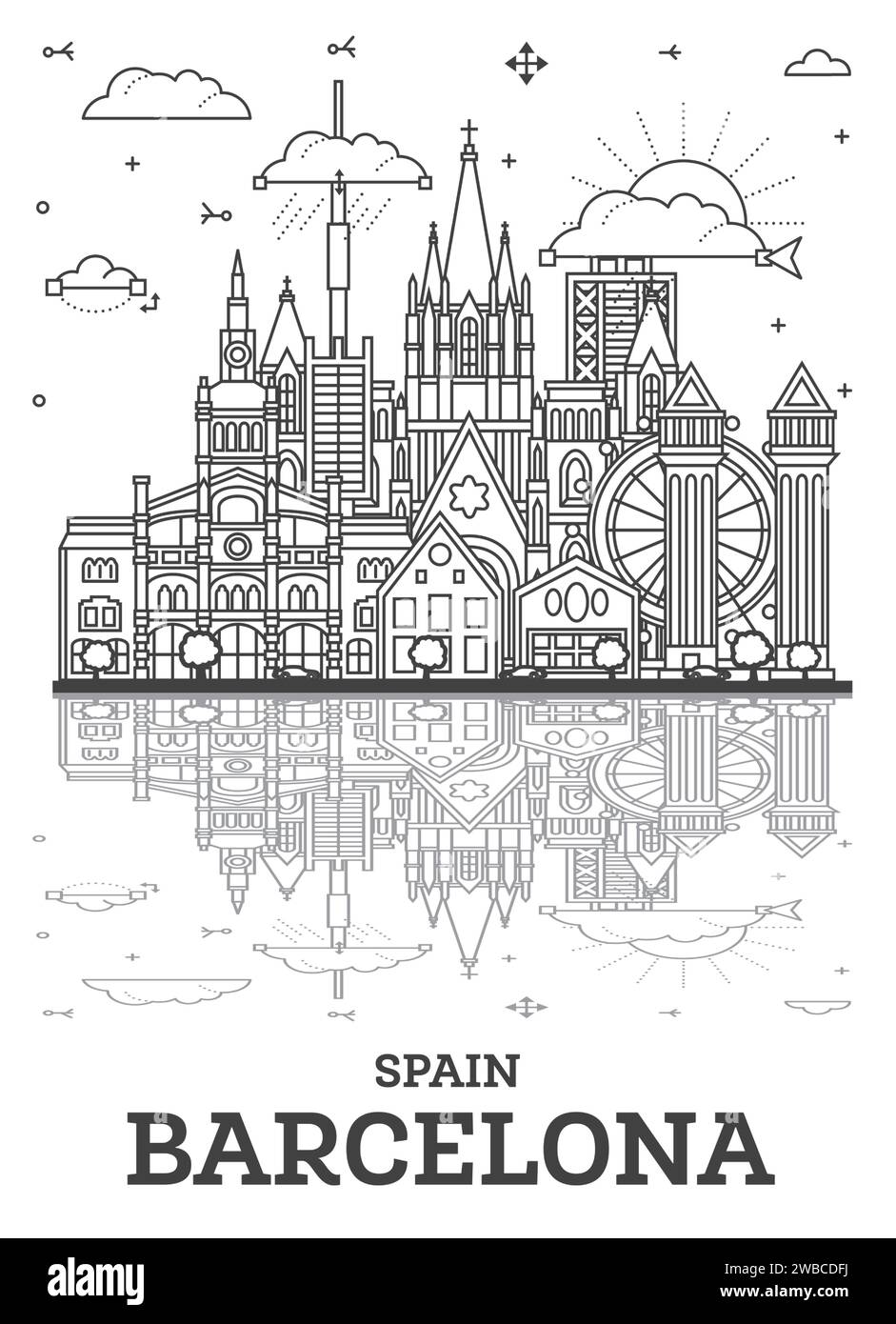 Contour Barcelone Espagne City Skyline avec bâtiments historiques et reflets isolés sur blanc. Illustration vectorielle. Paysage urbain de Barcelone avec Landmark Illustration de Vecteur