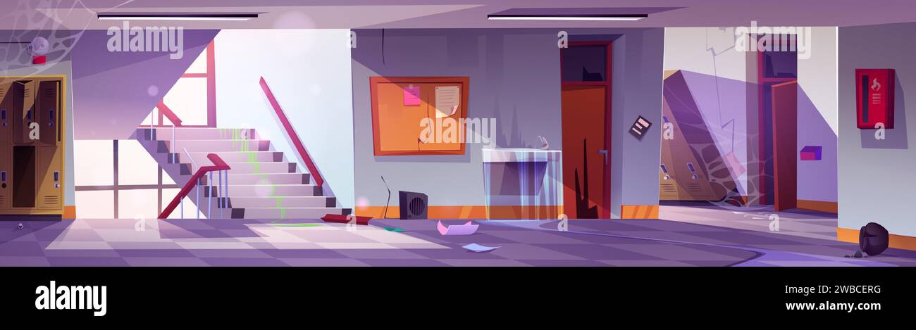 Salle d'école abandonnée avec casiers cassés. Illustration de dessin animé vectoriel de couloir désordonné avec toile d'araignée et de la poussière sur les murs, armoires métalliques vides endommagées, portes de salle de classe fissurées, flaques d'eau sur le sol Illustration de Vecteur
