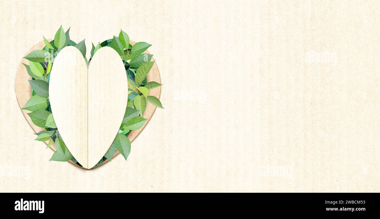Coeur et feuilles vertes sur texture carton. Bannière horizontale avec texture de papier éco. Fond de matériau recyclé. Écologie, préservation de l'environnement Banque D'Images