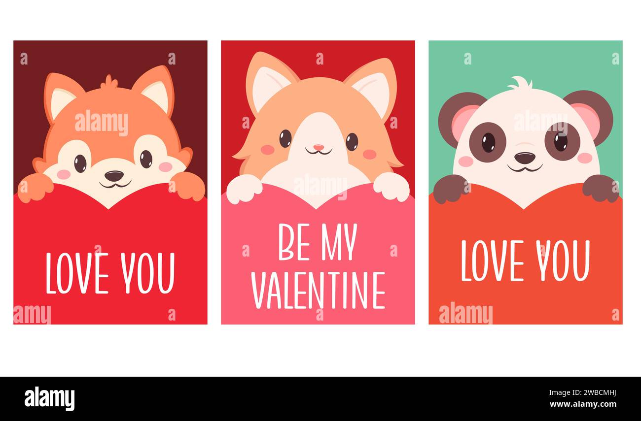 Ensemble de carte de Saint-Valentin avec des animaux mignons. Collection bébé d'étiquette cadeau avec animal - ours, léopard, lapin. Bannière de vacances modèle, autocollant pour de Banque D'Images
