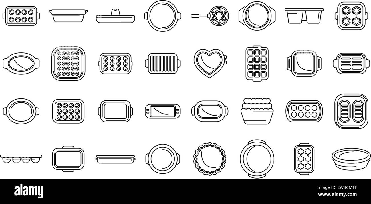 Les icônes des ustensiles de cuisson définissent le vecteur de contour. Silicone moulé. Gâteau de plateau à muffins Illustration de Vecteur