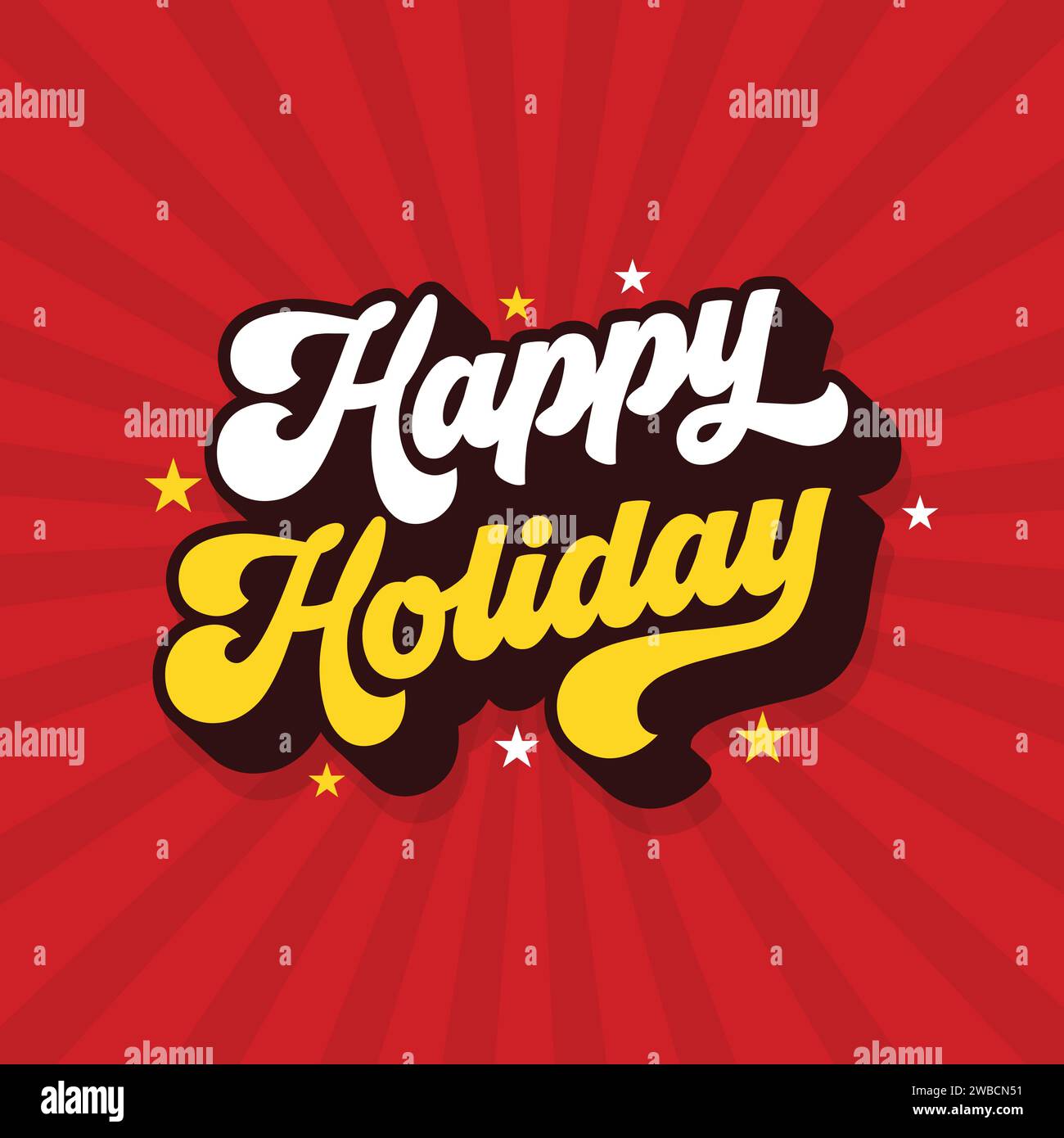 Illustration de typographie vectorielle joyeuse de vacances sur fond rétro de couleur rouge avec quelques étoiles autour d'elle. Carte de voeux de vacances, Noël et nouvel an Illustration de Vecteur