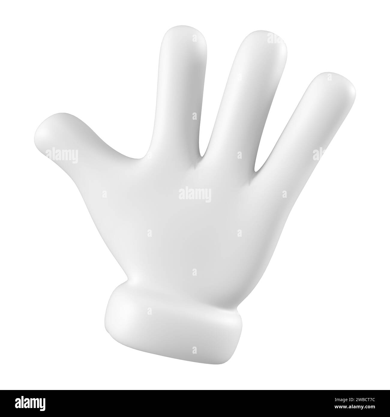 Main emoji blanche dans le geste de salutation disant bonjour. Gros plan isolé icône de paume ouverte, symbole, signal et signe. rendu 3d. Banque D'Images