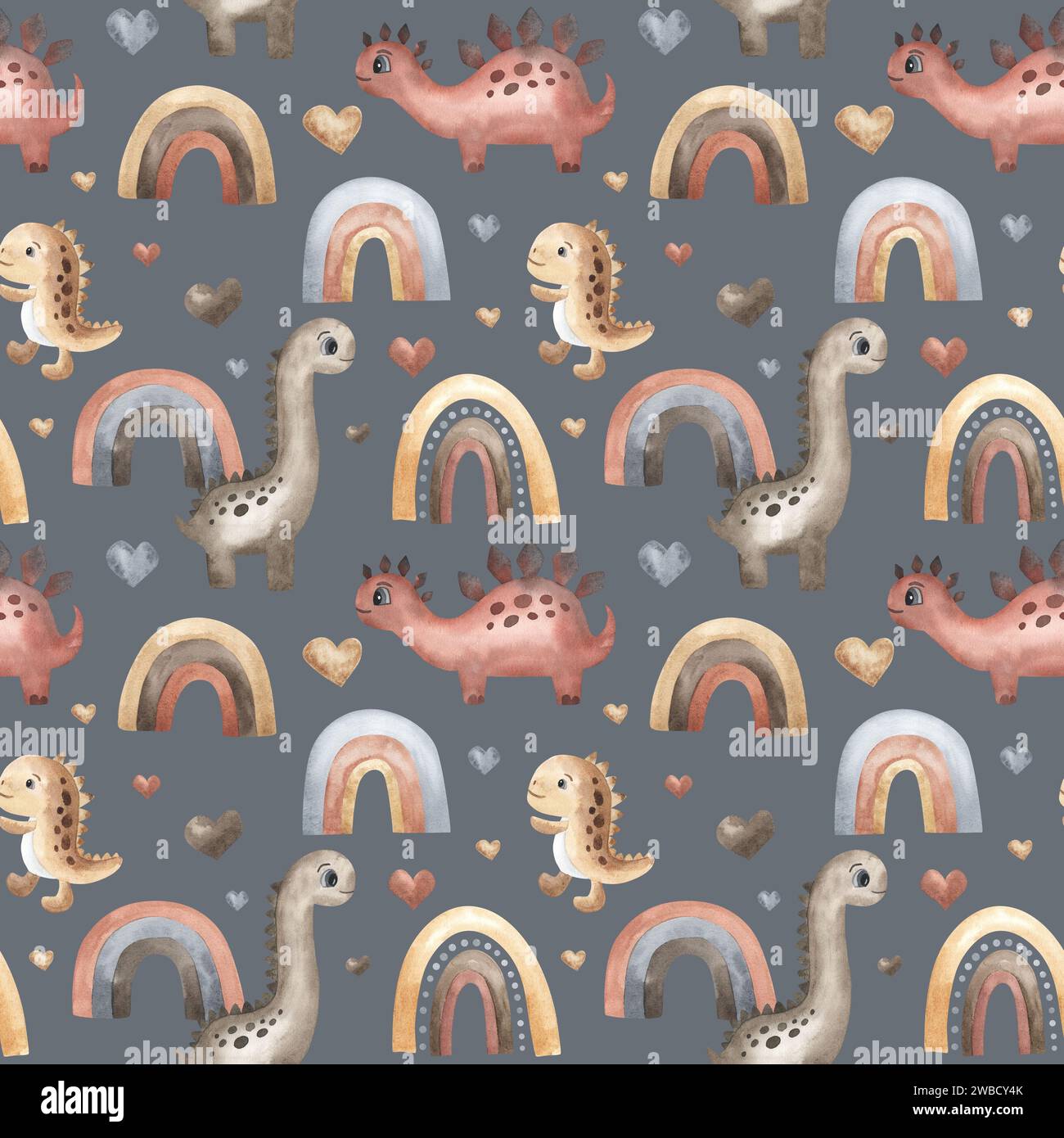 Dinosaures mignons, coeurs, arc-en-ciel. motif aquarelle sans couture, style boho. Dessiné à la main. Textile, tissu, papier peint, design gris foncé Banque D'Images