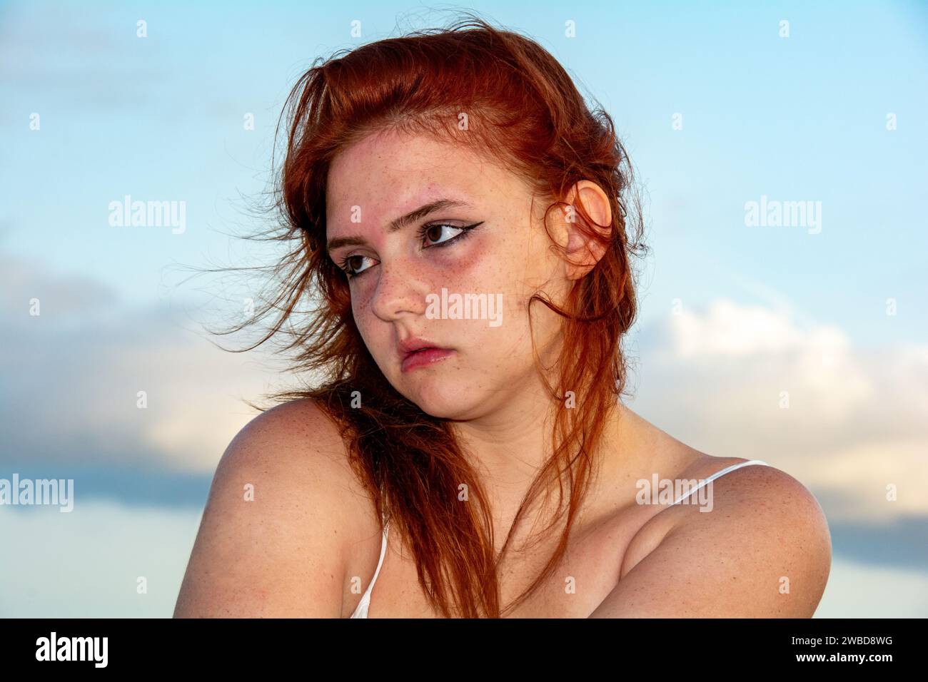 Portrait d'une jeune fille aux cheveux roux, ciel bleu et nuages, cheveux touffus par le vent Banque D'Images