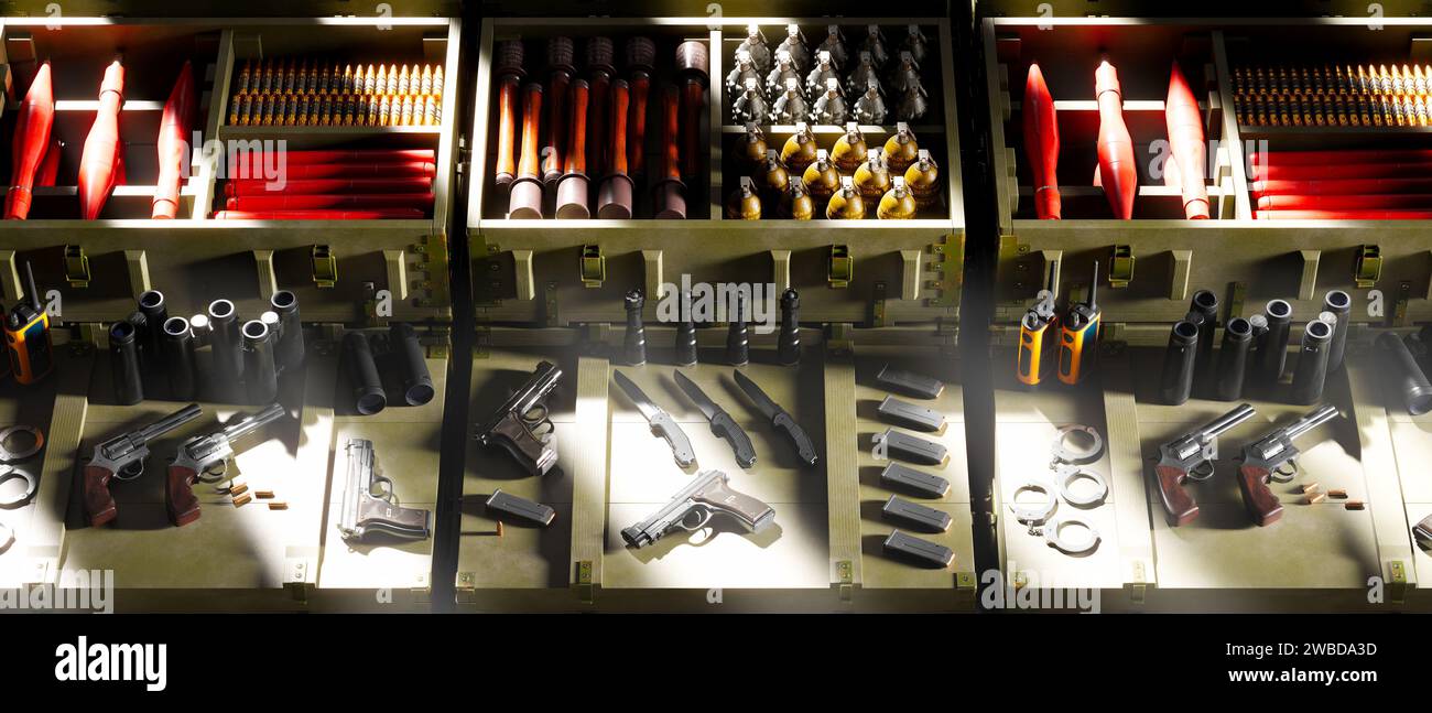 Vue rapprochée d'un casier de stockage rempli d'un ensemble de munitions, de multiples armes de poing et de divers accessoires d'armes à feu, bien organisés pour le quic Banque D'Images