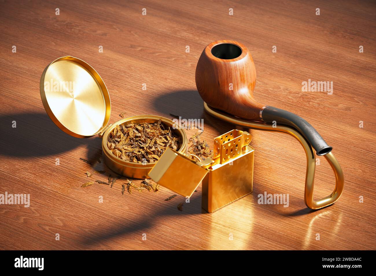 Une pipe à tabac complexe à côté d'un opulent briquet doré, les deux reposant sur une surface en acajou poli, évoquant un sens du luxe et de la fumée intemporelle Banque D'Images