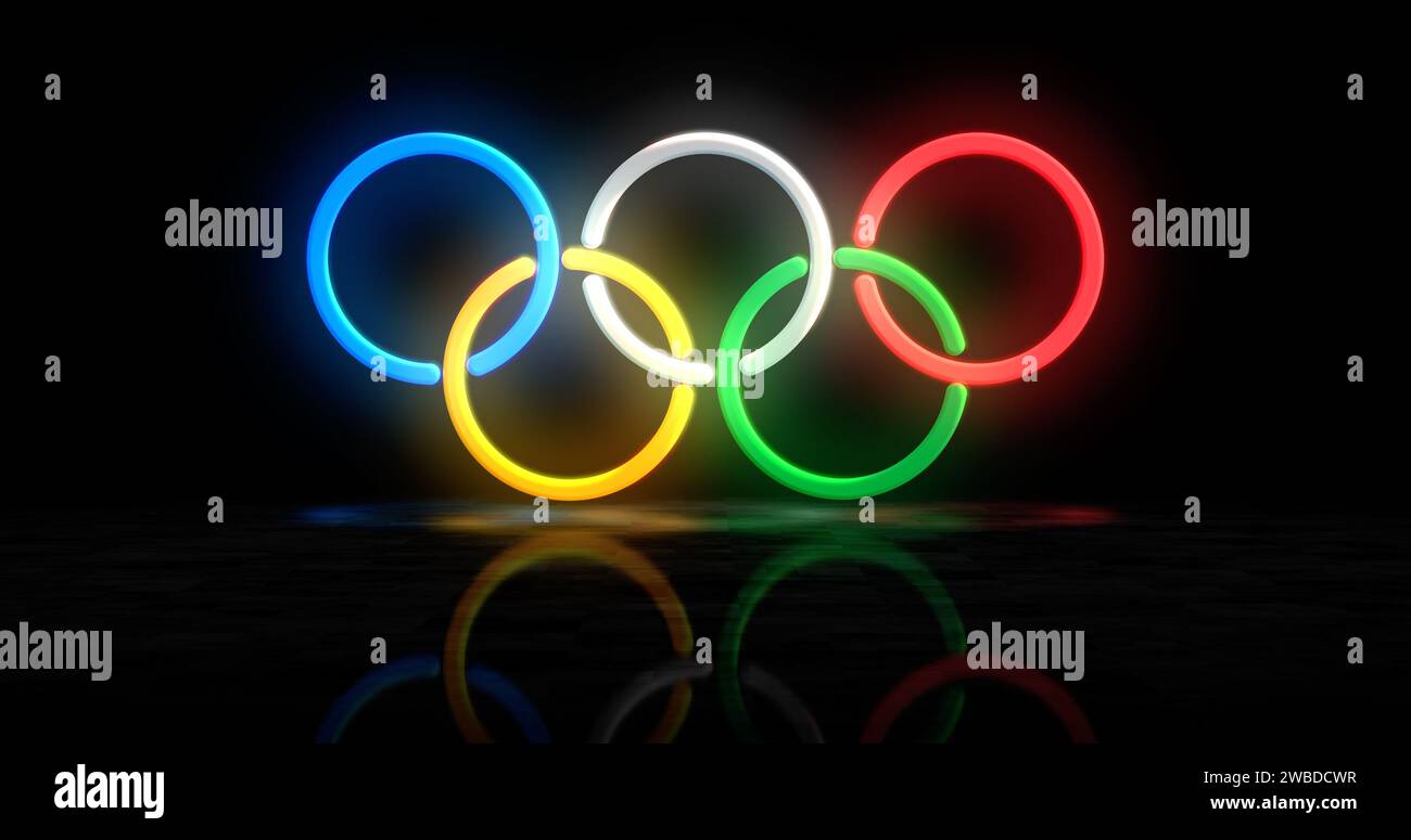 Poznan, Pologne, 7 janvier 2024 : symbole néon des anneaux olympiques. Les Jeux Olympiques internationaux signent des ampoules de couleur lumineuse. Concept abstrait illustration 3D. Banque D'Images