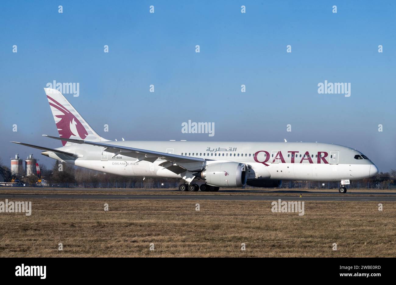 Doha, Prague. 10 janvier 2024. Présentation cérémonielle du Boeing 787 Dreamliner de Qatar Airways à son retour sur la route de Prague à Doha, Prague, République tchèque, 10 janvier 2024. Crédit : Michaela Rihova/CTK photo/Alamy Live News Banque D'Images