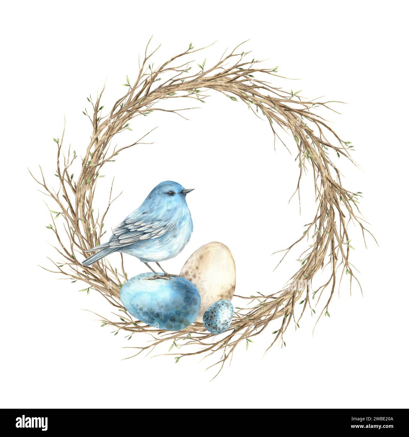 Couronne d'aquarelle de branches avec un oiseau bleu et des œufs de Pâques. Illustration de vacances de Pâques dessinée à la main. Croquis sur fond isolé pour la voiture d'accueil Banque D'Images