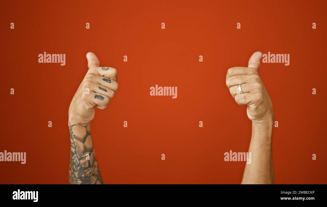 Pouces levés ! les mains tatouées de l'homme approuvent avec un geste pouce levé sur un fond rouge vif isolé, signalant un signe cool 'ok'. Banque D'Images