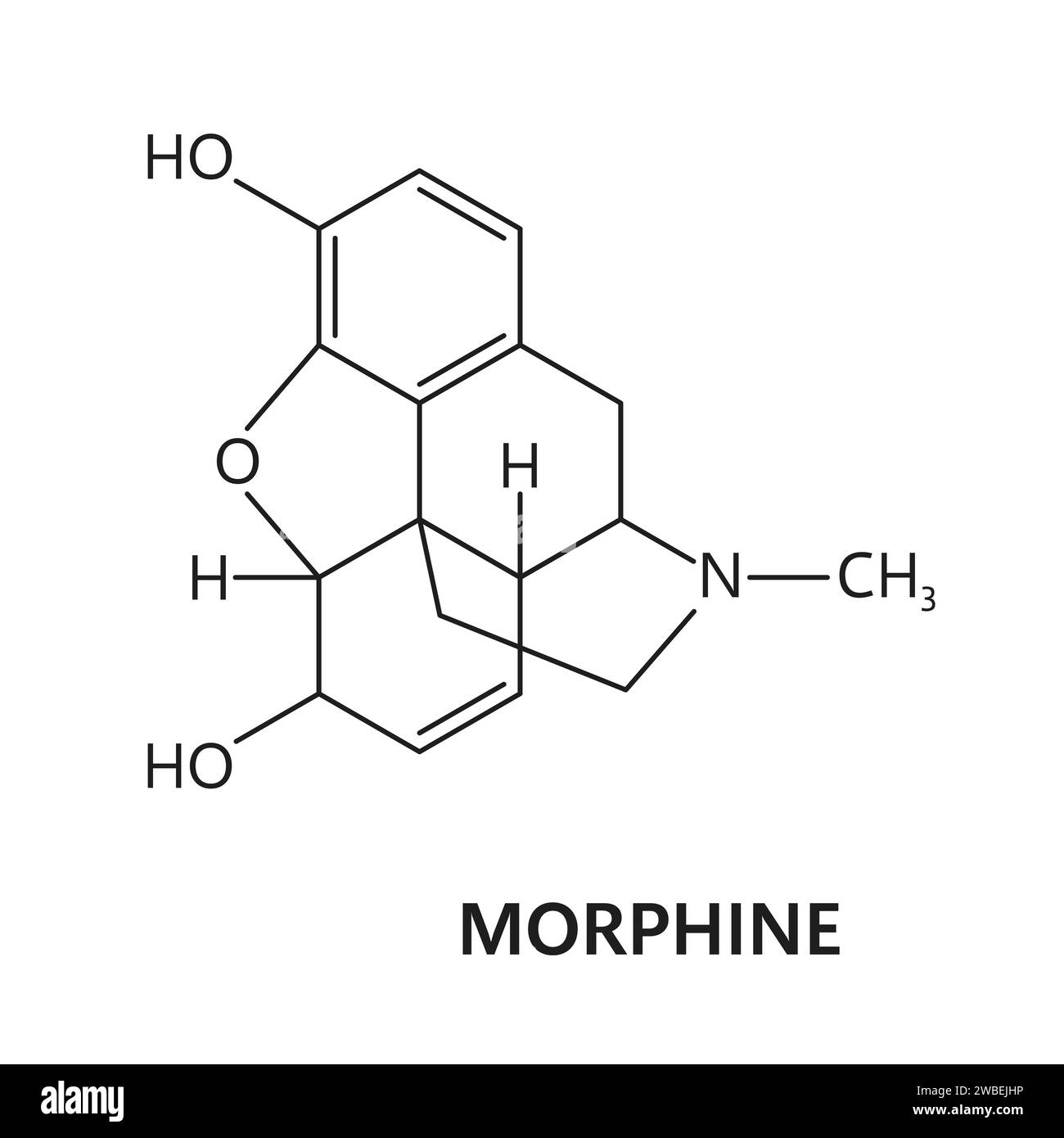 Molécule et formule de morphine médicamenteuse, structure chimique du narcotique opiacé, modèle vectoriel. Opioïde synthétique ou organique et substance stimulante interdite, formule morphinique et structure moléculaire Illustration de Vecteur