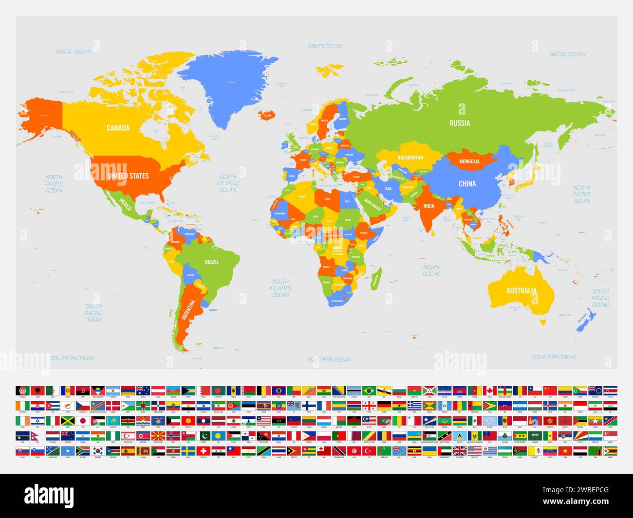 Carte politique colorée du monde avec des étiquettes de pays et d'eau. Avec ensemble de drapeaux nationaux des pays sous la carte. Illustration vectorielle. Illustration de Vecteur