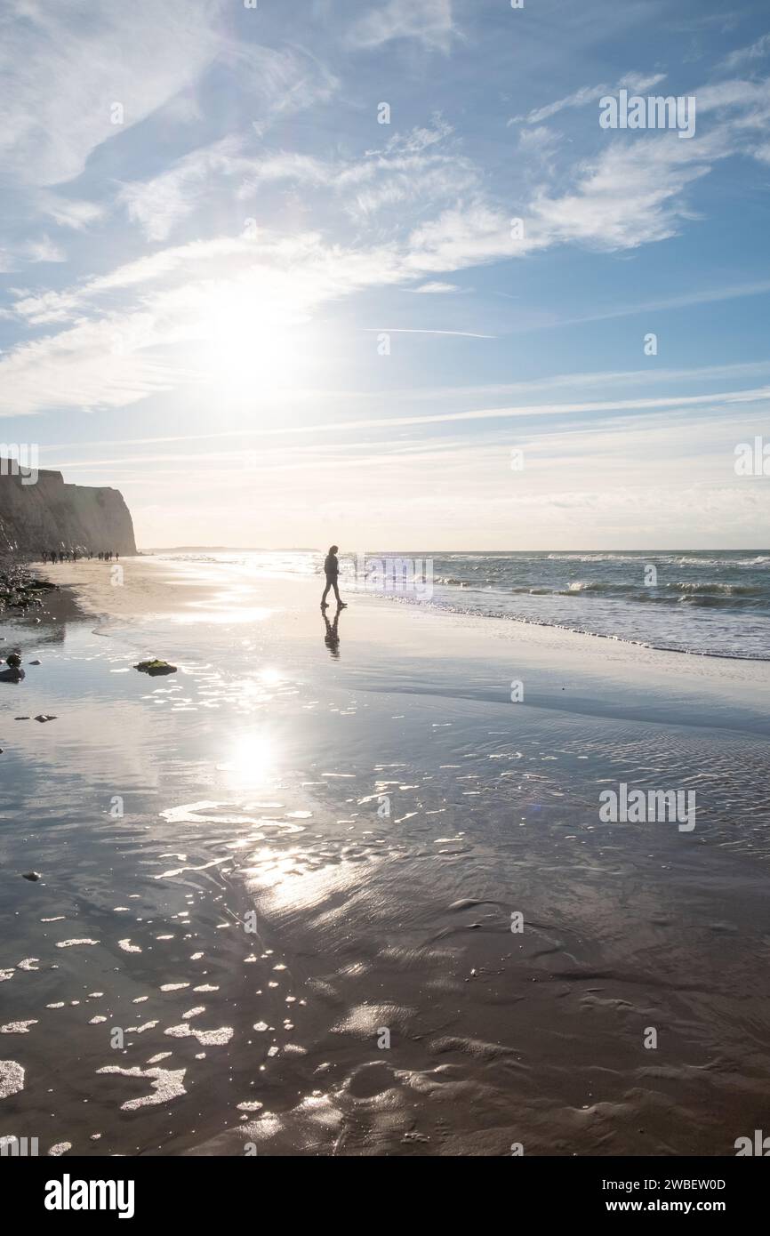 Cette photographie capture un personnage solitaire prenant une promenade paisible le long du rivage, baigné dans la lueur éthérée de la lumière du soleil côtier. Le soleil, suspendu bas dans le ciel, projette un brillant reflet sur le sable mouillé, imitant l'apparition d'un deuxième soleil embrassant la terre. Les falaises sur le côté sont hautes et stoïques, leurs ombres offrant un contraste frappant avec le rivage lumineux et réfléchissant. Cette image témoigne de la majesté tranquille de la nature et des moments de réflexion qu’elle offre à ceux qui cherchent du réconfort en sa présence. Promenade solitaire dans la luminescence côtière. Photo de haute qualité Banque D'Images