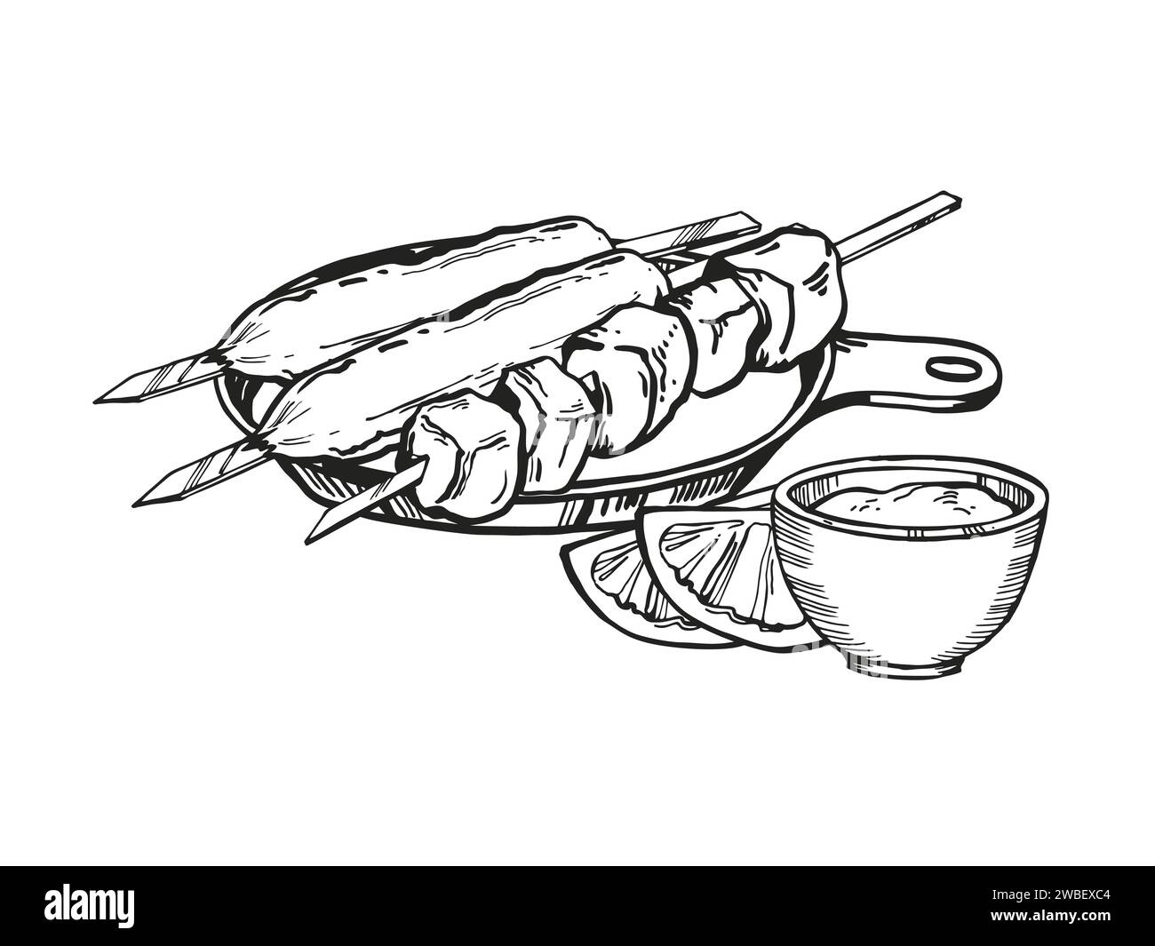 Vecteur kebab grillé dessiné à la main, illustration de nourriture d'encre avec brochettes avec différents kebab barbecue de viande et sauce, croquis noir et blanc de barbecue t Illustration de Vecteur