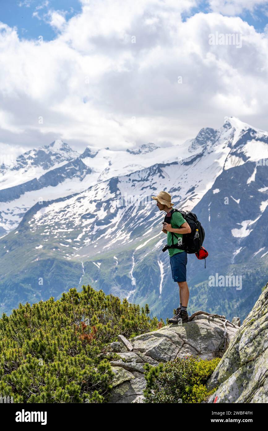 Alpiniste sur le sentier de randonnée, Berliner Hoehenweg, panorama de montagne avec le sommet Grosser Moeseler et Turnerkamp, Zillertal Alpes, Tyrol, Autriche Banque D'Images