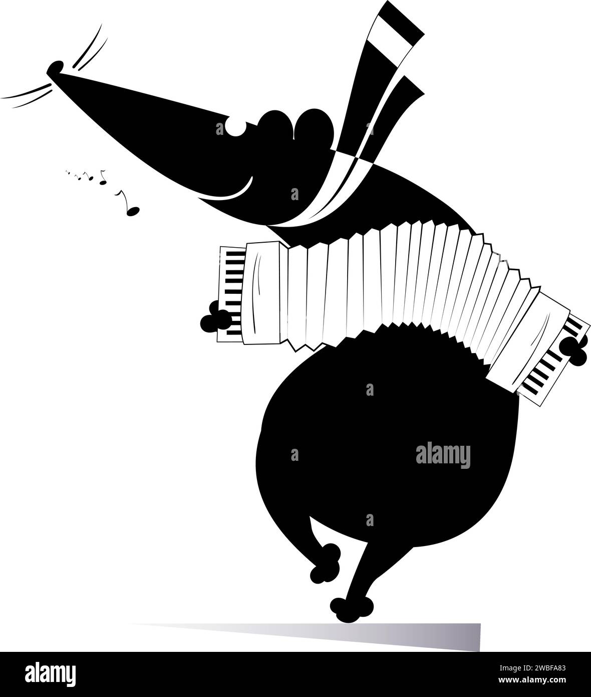 Rat de bande dessinée ou souris exécutant de la musique sur l'accordéon avec inspiration. Illustration en noir et blanc Illustration de Vecteur